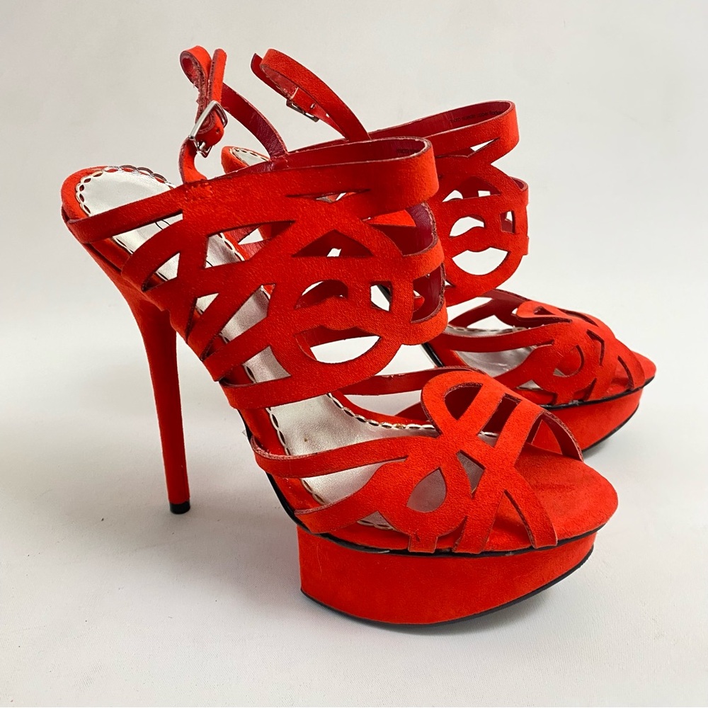 BEBE Red Platform Heeled Sandals Pumps 7 M Open Toe Ankle Strap Heels Stiletto